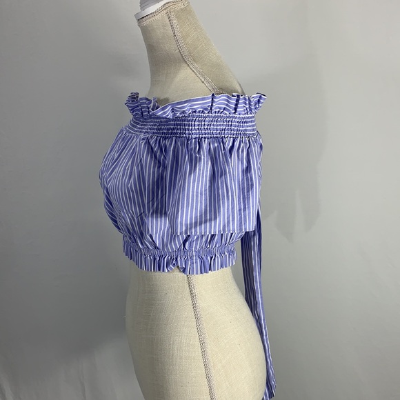 Zara Basics Striped Blue and White Off Shoulder Ruffled Crop Top Size XS - Picture 4 of 10